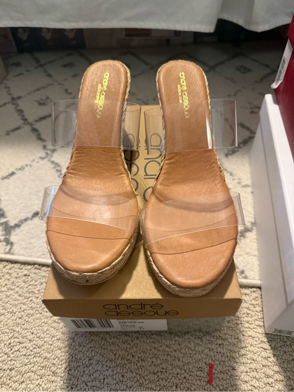 Andre Assous Tan Wedge Sandal with Clear Vinyl Straps
